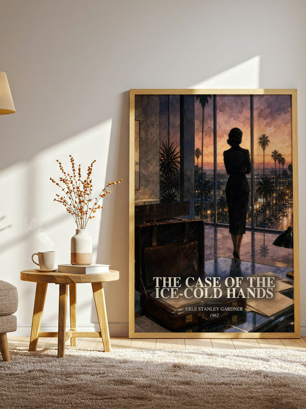 The Case Of The Ice-Cold Hands watercolour print in frame leaning in hallway – mystery wall art