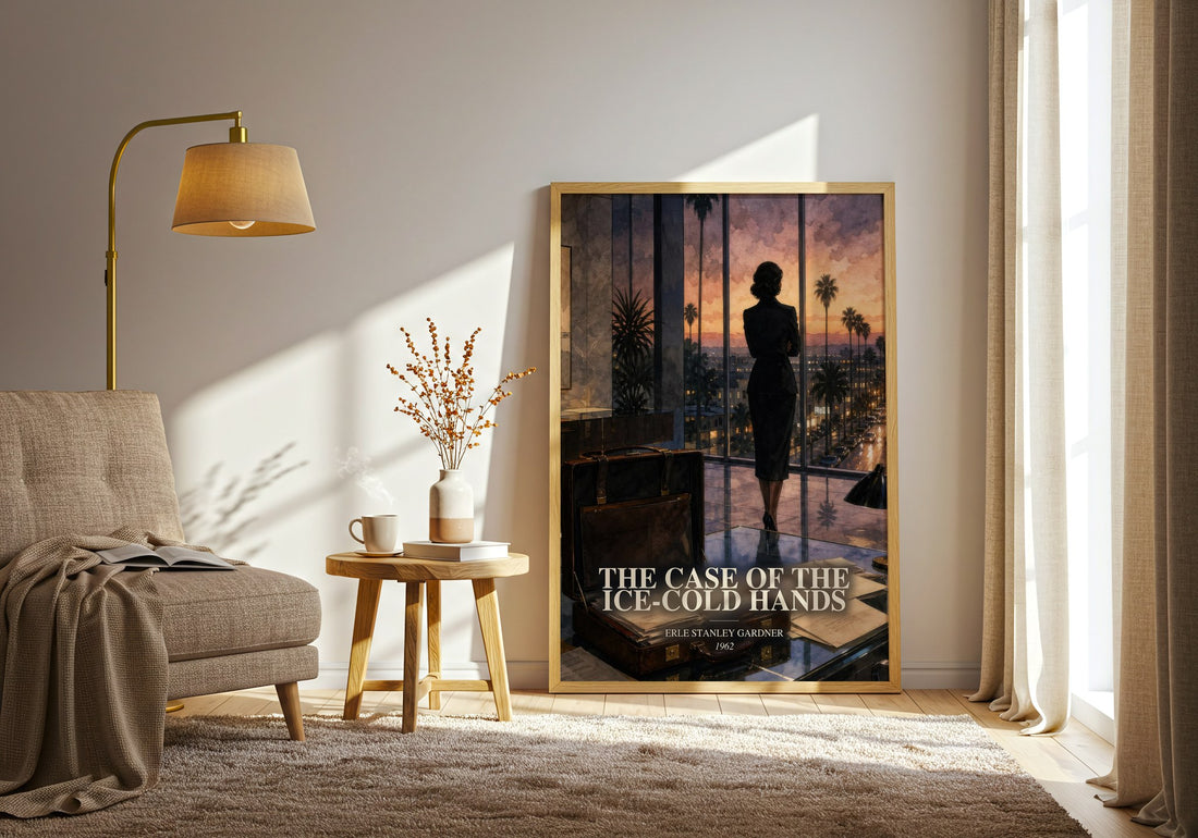 The Case Of The Ice-Cold Hands watercolour print in frame leaning in hallway – mystery wall art (mockup)