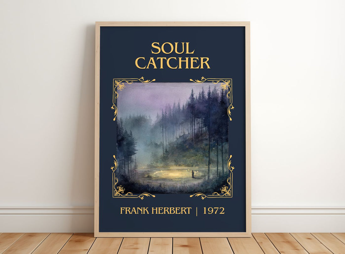 Soul Catcher Classic Book Art Print by Frank Herbert – framed print leaning on a wooden floor
