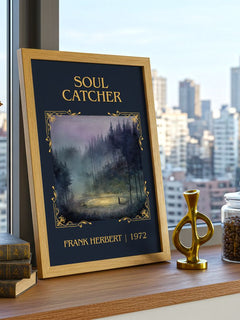 Soul Catcher Classic Book Art Print by Frank Herbert – framed print on a city-view windowsill