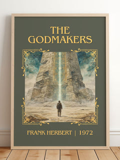 The Godmakers Classic Book Art Print by Frank Herbert – framed print leaning on a wooden floor