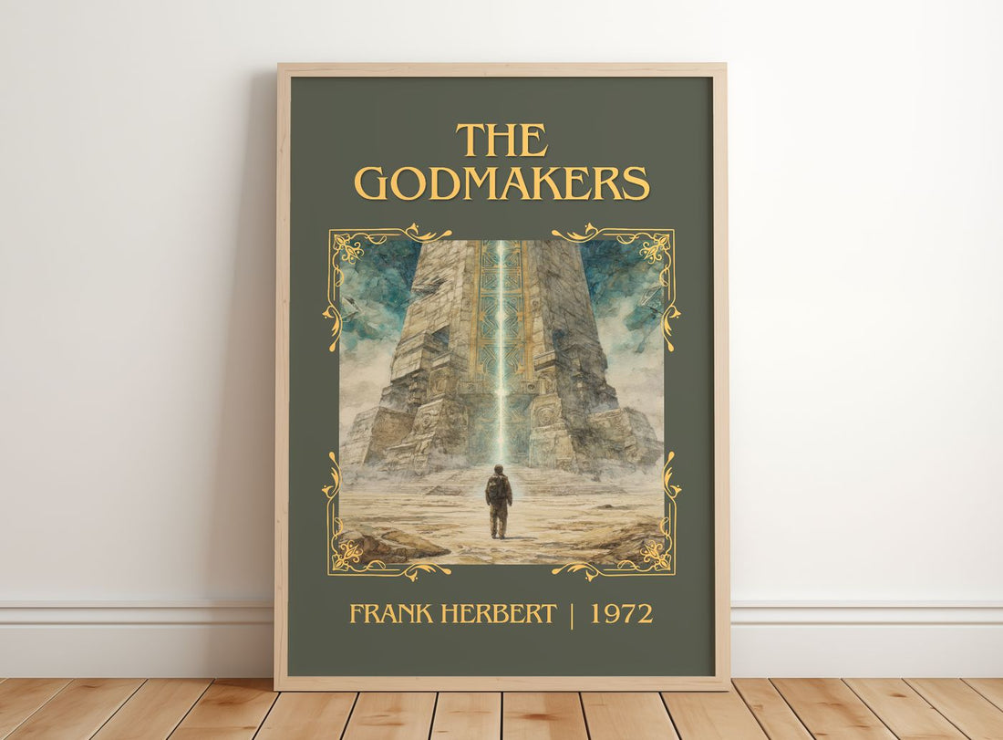 The Godmakers Classic Book Art Print by Frank Herbert – framed print leaning on a wooden floor