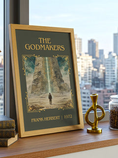 The Godmakers Classic Book Art Print by Frank Herbert – framed print on a city-view windowsill