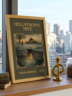 Hellstrom's Hive Classic Book Art Print by Frank Herbert – framed print on a city-view windowsill