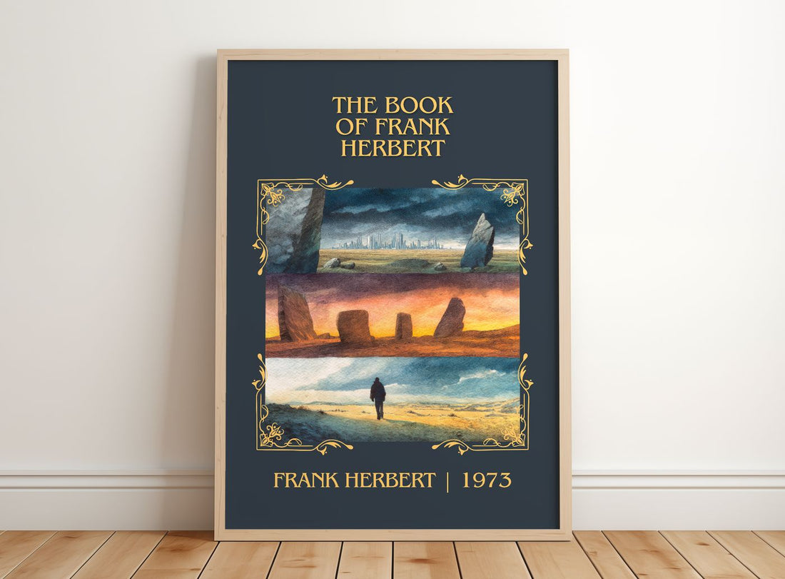 The Book Of Frank Herbert Classic Book Art Print by Frank Herbert – framed print leaning on a wooden floor