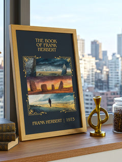 The Book Of Frank Herbert Classic Book Art Print by Frank Herbert – framed print on a city-view windowsill