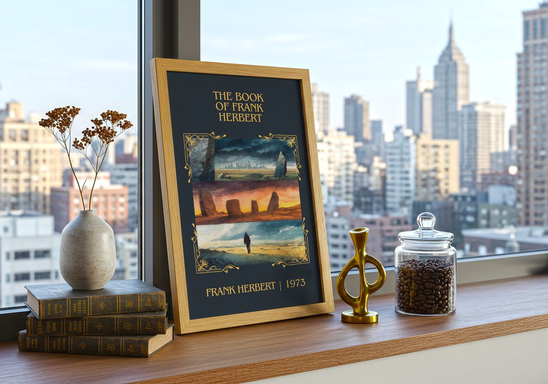 The Book Of Frank Herbert Classic Book Art Print by Frank Herbert – framed print on a city-view windowsill