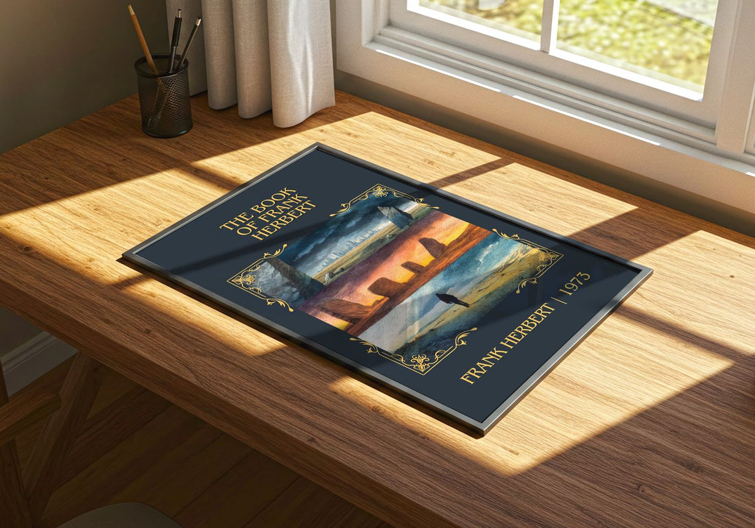 The Book Of Frank Herbert Classic Book Art Print by Frank Herbert – print on a sunlit desk