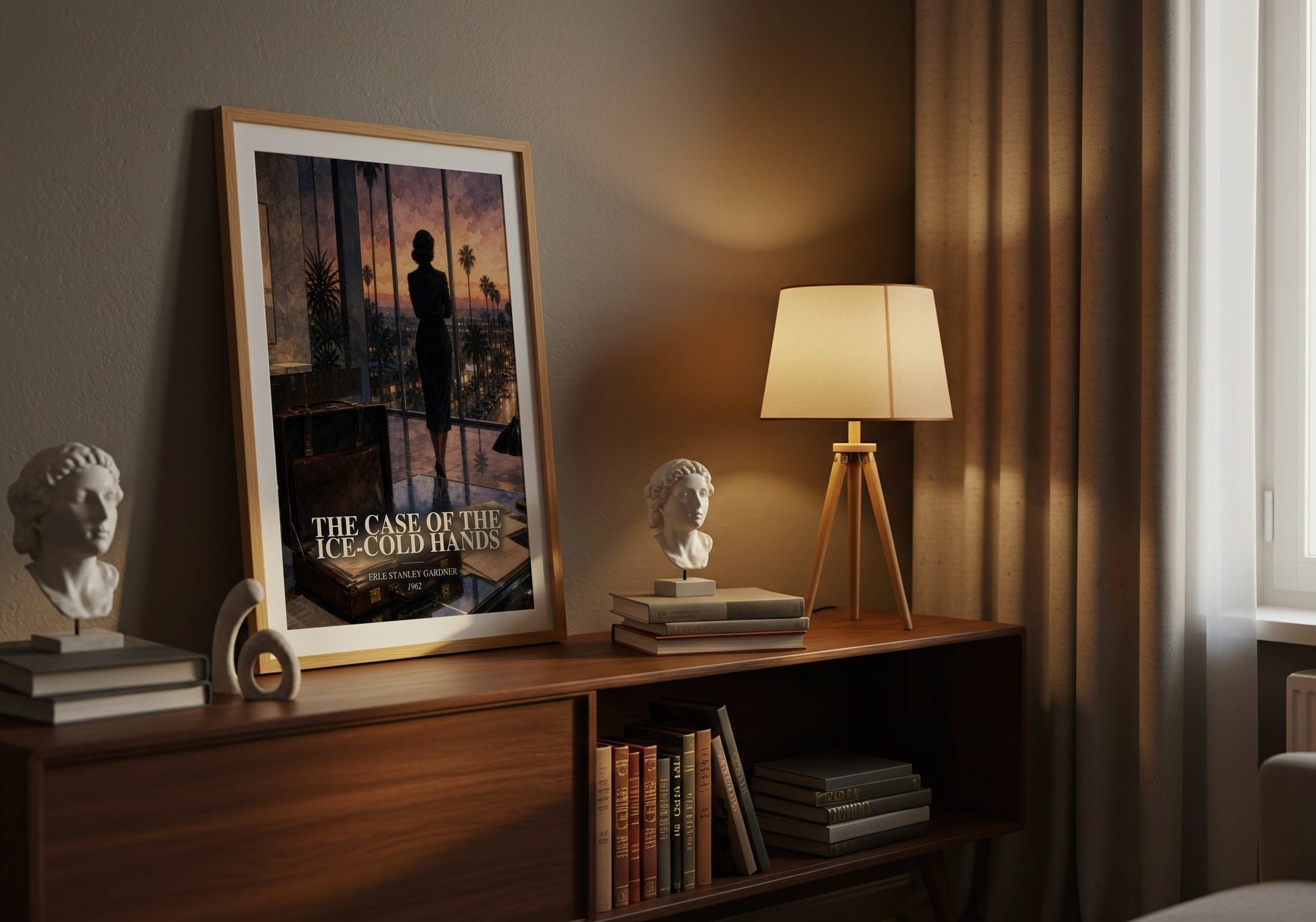 The Case Of The Ice-Cold Hands watercolour print on bookshelf – Erle Stanley Gardner fan gift
