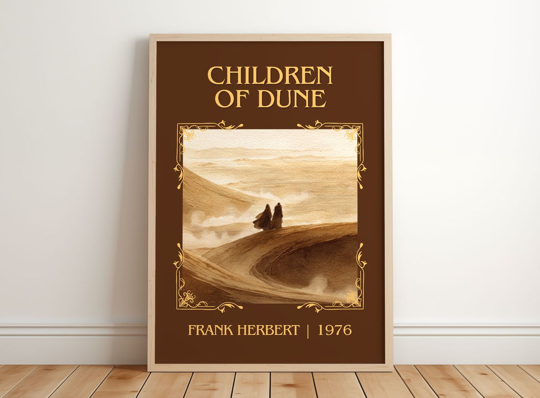 Children Of Dune Classic Book Art Print by Frank Herbert – framed print leaning on a wooden floor