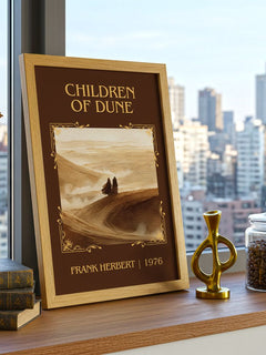 Children Of Dune Classic Book Art Print by Frank Herbert – framed print on a city-view windowsill