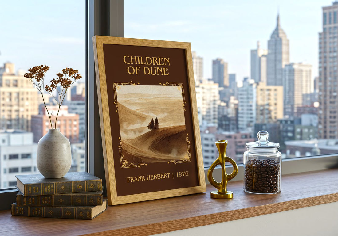 Children Of Dune Classic Book Art Print by Frank Herbert – framed print on a city-view windowsill