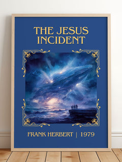 The Jesus Incident Classic Book Art Print by Frank Herbert – framed print leaning on a wooden floor