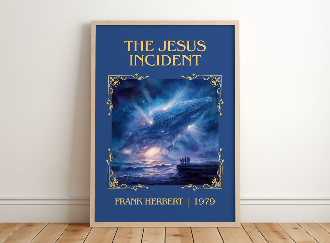 The Jesus Incident Classic Book Art Print by Frank Herbert – framed print leaning on a wooden floor