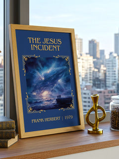 The Jesus Incident Classic Book Art Print by Frank Herbert – framed print on a city-view windowsill