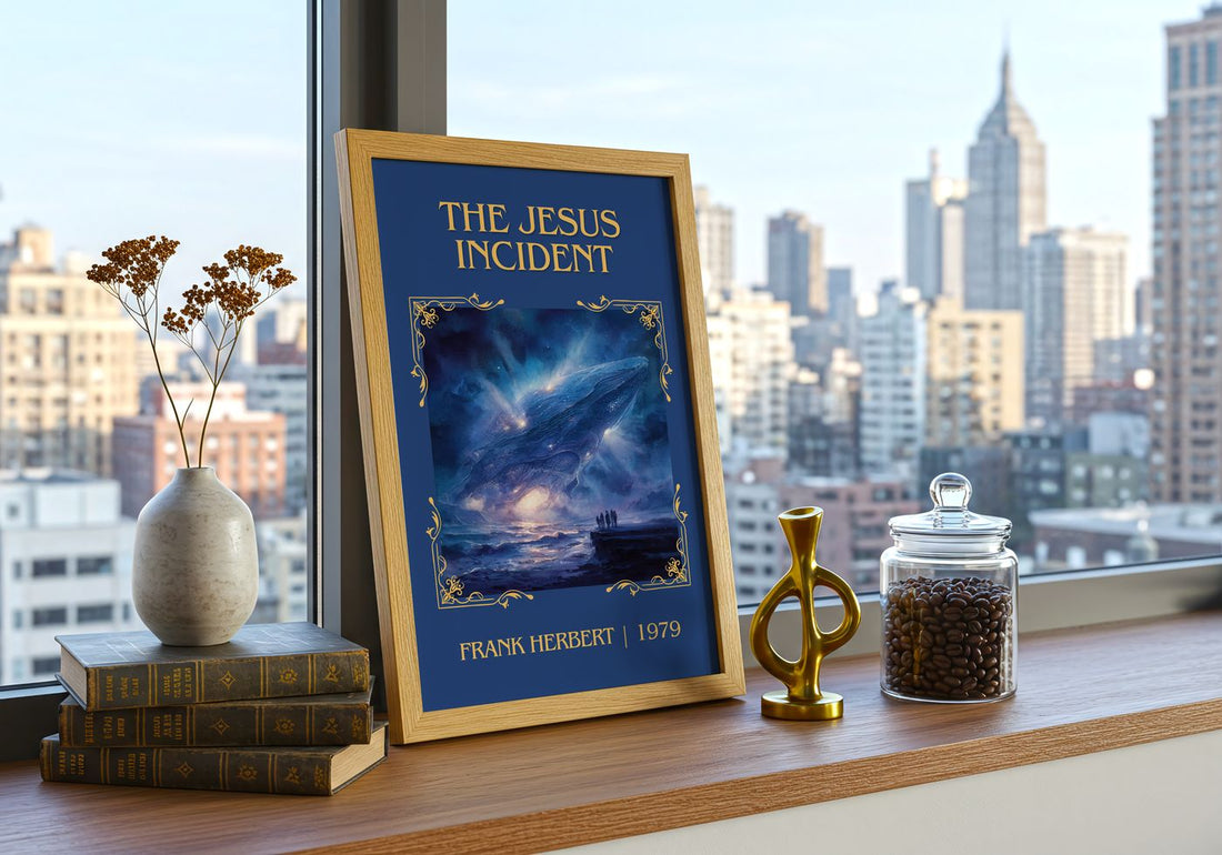 The Jesus Incident Classic Book Art Print by Frank Herbert – framed print on a city-view windowsill