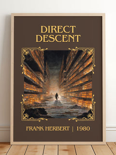 Direct Descent Classic Book Art Print by Frank Herbert – framed print leaning on a wooden floor
