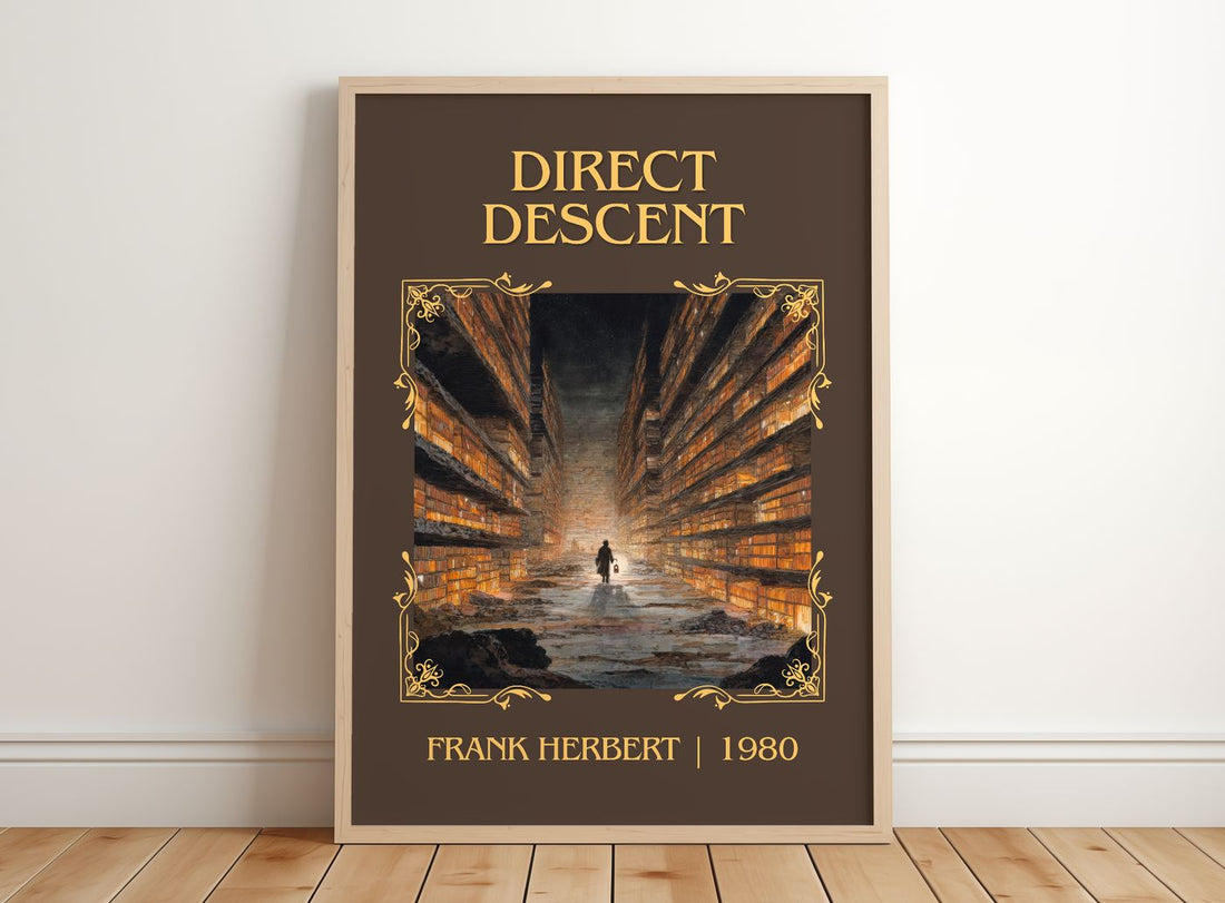 Direct Descent Classic Book Art Print by Frank Herbert – framed print leaning on a wooden floor