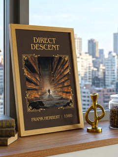 Direct Descent Classic Book Art Print by Frank Herbert – framed print on a city-view windowsill