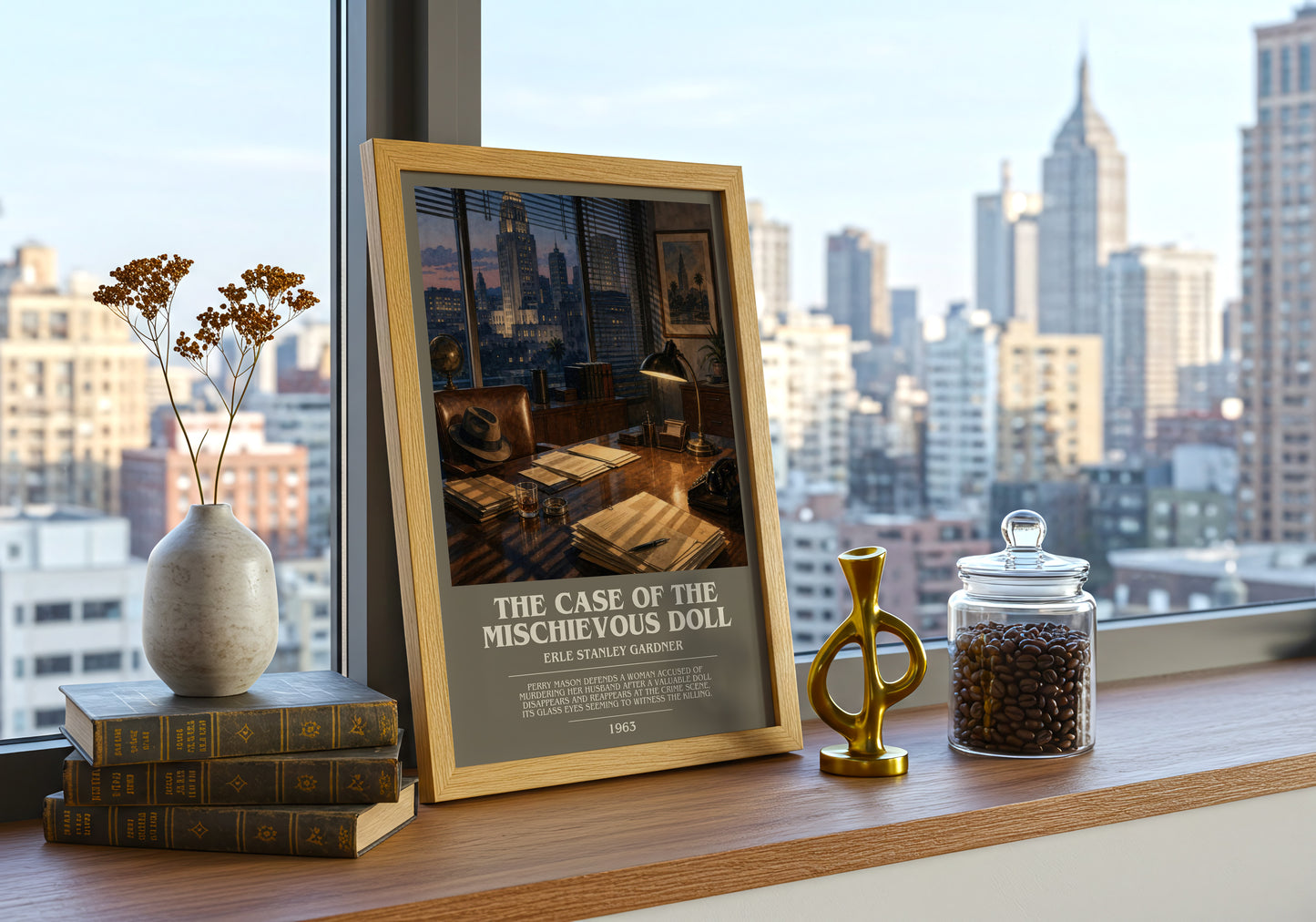 The Case Of The Mischievous Doll bookish print framed by window – literary home decor