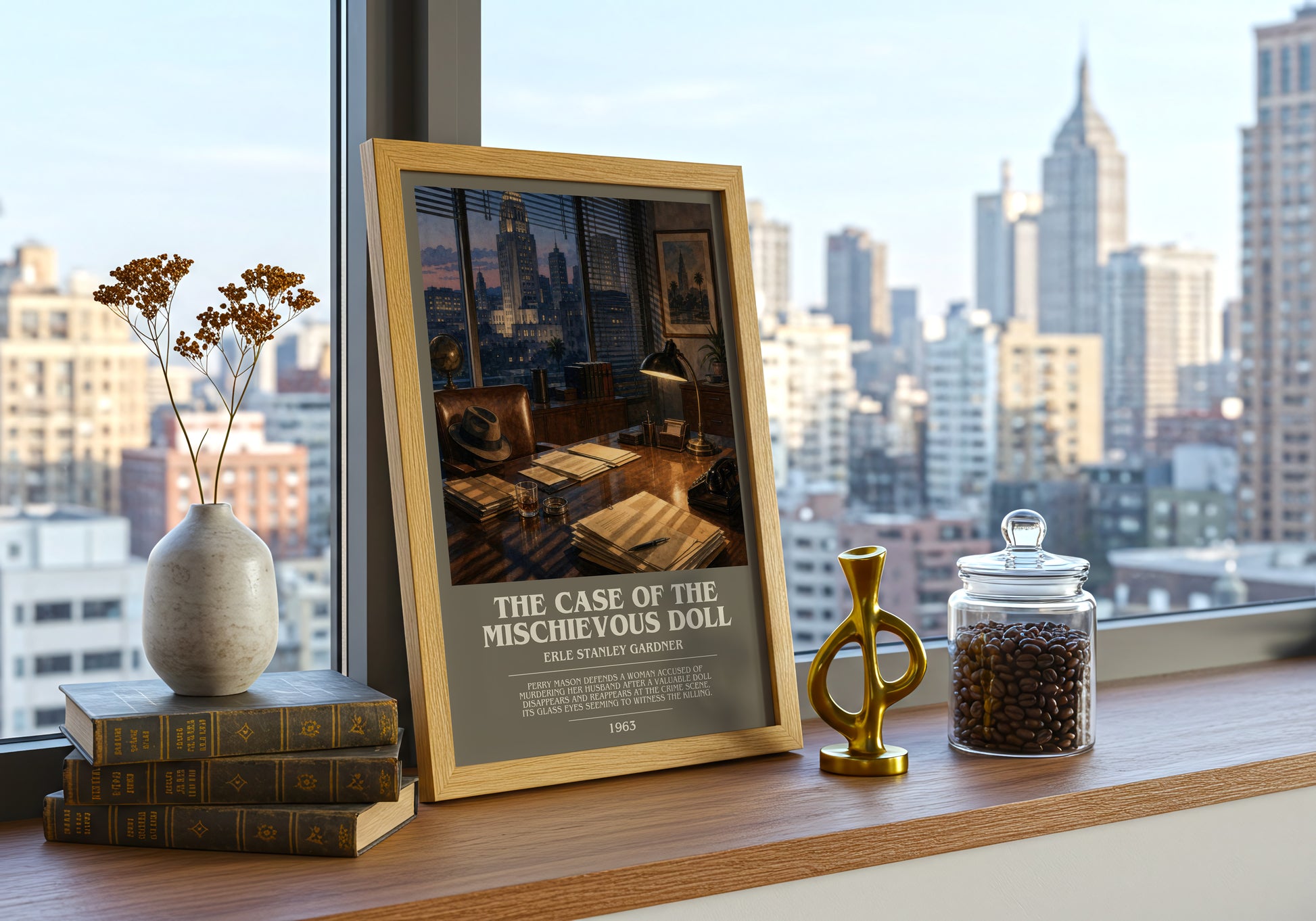 The Case Of The Mischievous Doll bookish print framed by window – literary home decor