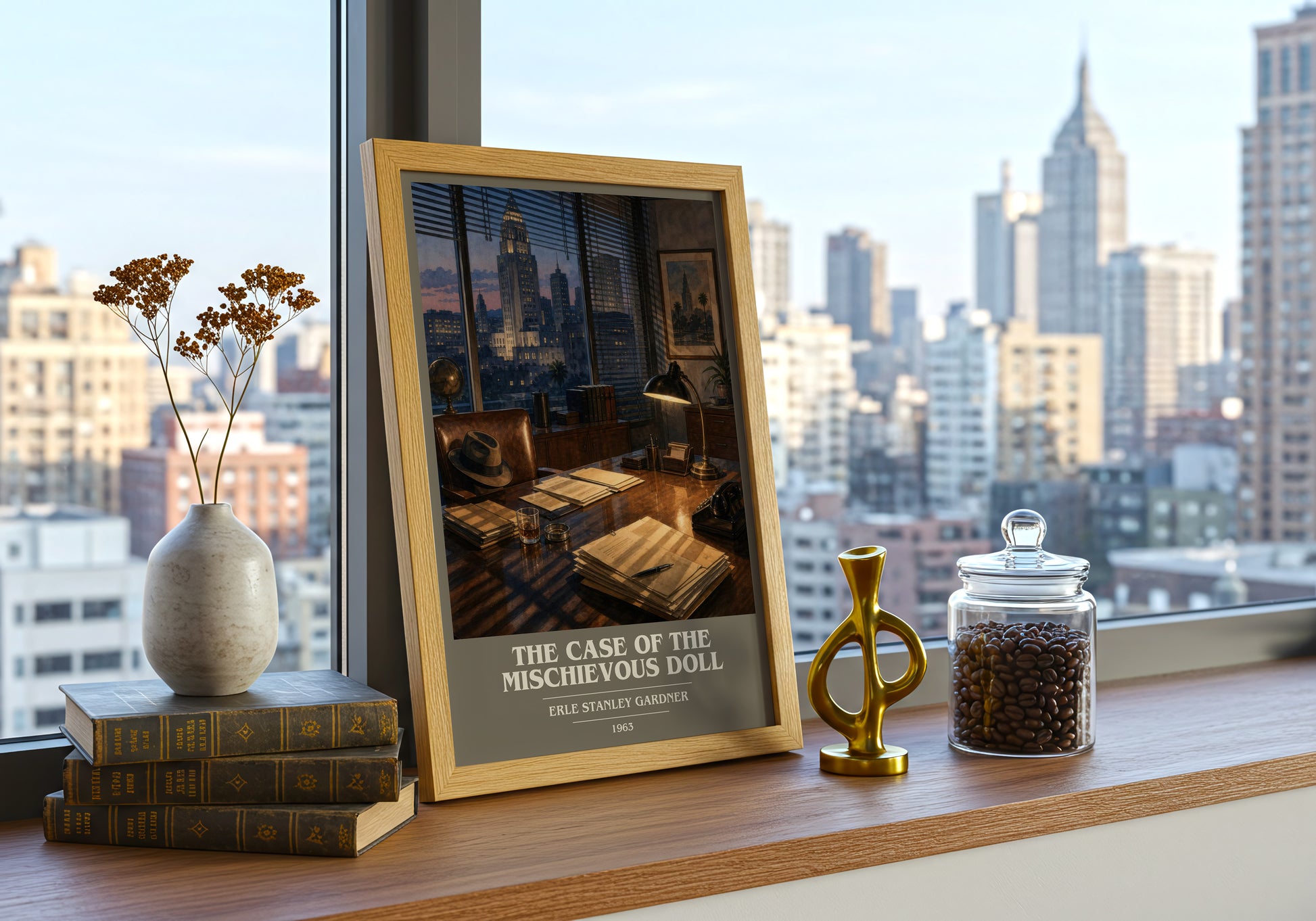 The Case Of The Mischievous Doll book cover print framed by window – literary home decor