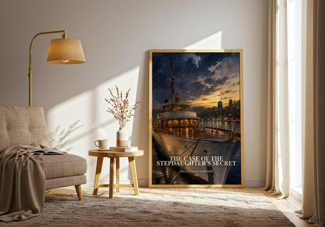 The Case Of The Stepdaughter'S Secret watercolour print in frame leaning in hallway – mystery wall art (mockup)