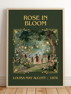 Rose In Bloom Classic Book Art Print by Louisa May Alcott – framed print leaning on a wooden floor