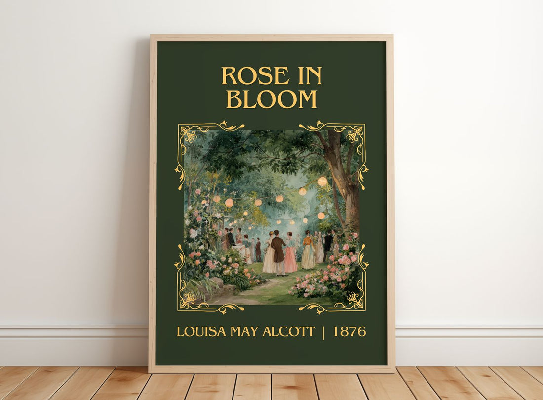 Rose In Bloom Classic Book Art Print by Louisa May Alcott – framed print leaning on a wooden floor