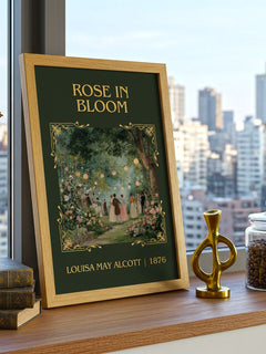 Rose In Bloom Classic Book Art Print by Louisa May Alcott – framed print on a city-view windowsill