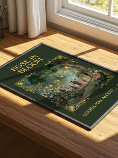 Rose In Bloom Classic Book Art Print by Louisa May Alcott – print on a sunlit desk