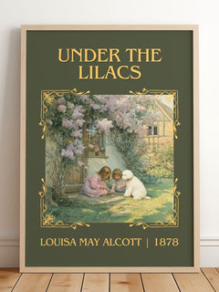 Under The Lilacs Classic Book Art Print by Louisa May Alcott – framed print leaning on a wooden floor