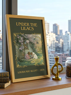 Under The Lilacs Classic Book Art Print by Louisa May Alcott – framed print on a city-view windowsill