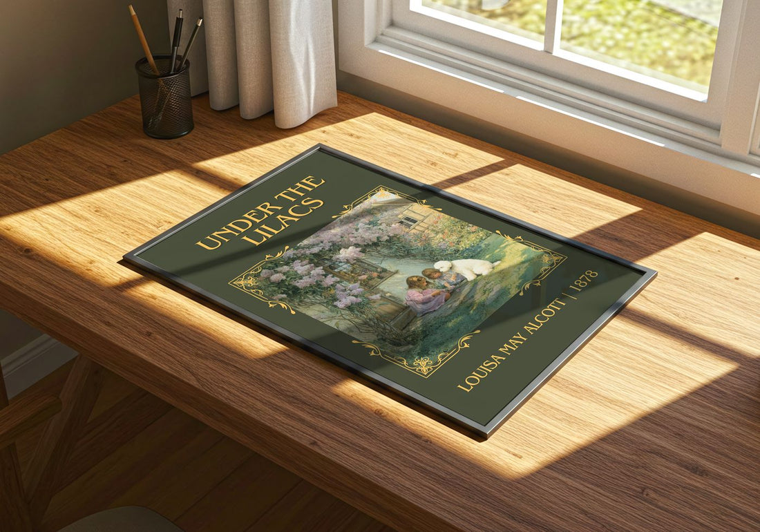 Under The Lilacs Classic Book Art Print by Louisa May Alcott – print on a sunlit desk