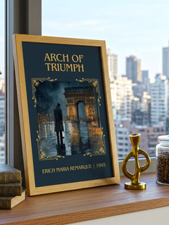 Arch Of Triumph Classic Book Art Print by Erich Maria Remarque – framed print on a city-view windowsill