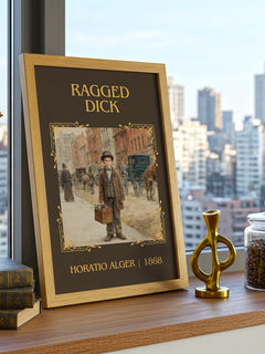 Ragged Dick Classic Book Art Print by Horatio Alger – framed print on a city-view windowsill