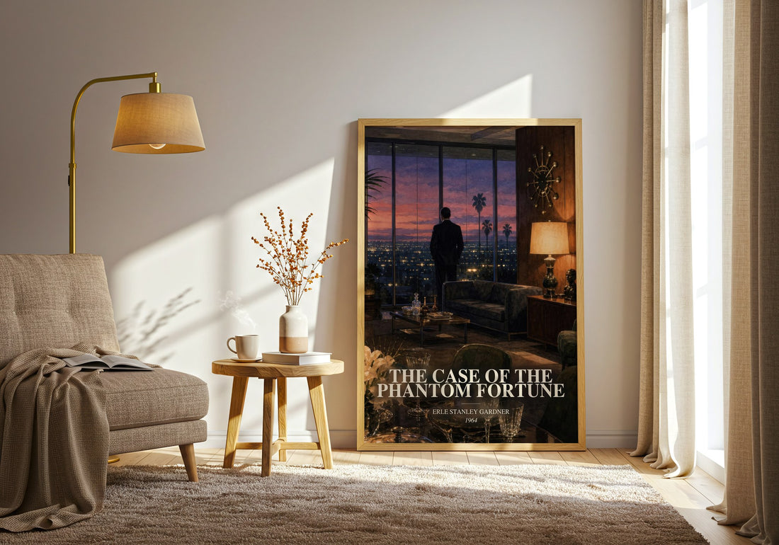 The Case Of The Phantom Fortune watercolour print in frame leaning in hallway – mystery wall art (mockup)