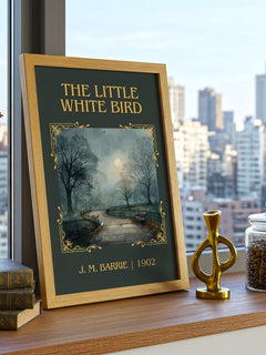 The Little White Bird Classic Book Art Print by J. M. Barrie – framed print on a city-view windowsill