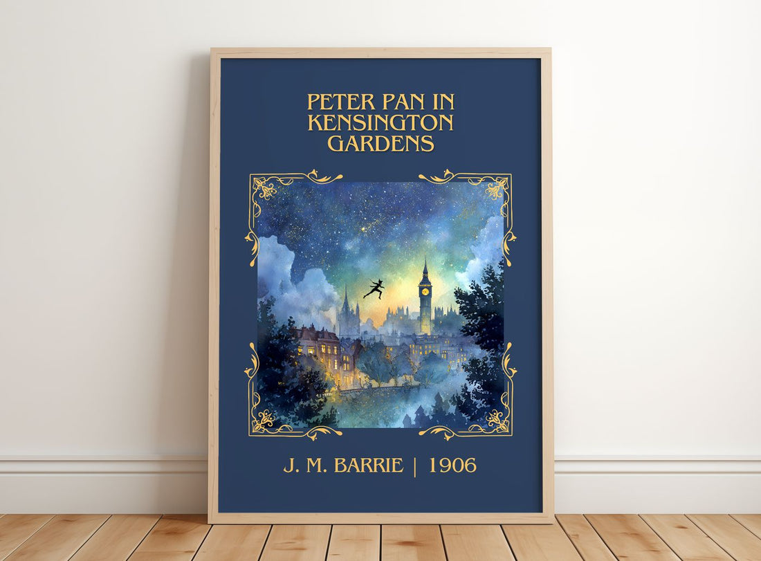 Peter Pan In Kensington Gardens Classic Book Art Print by J. M. Barrie – framed print leaning on a wooden floor