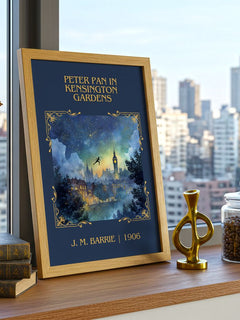 Peter Pan In Kensington Gardens Classic Book Art Print by J. M. Barrie – framed print on a city-view windowsill