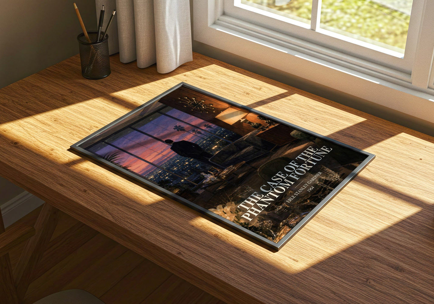 The Case Of The Phantom Fortune watercolour book poster framed on wall – mystery wall art