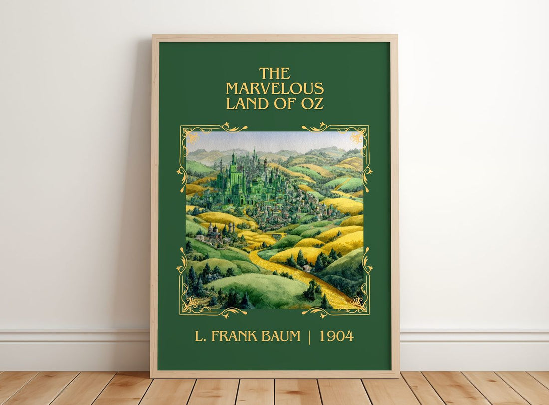 The Marvelous Land Of Oz Classic Book Art Print by L. Frank Baum – framed print leaning on a wooden floor