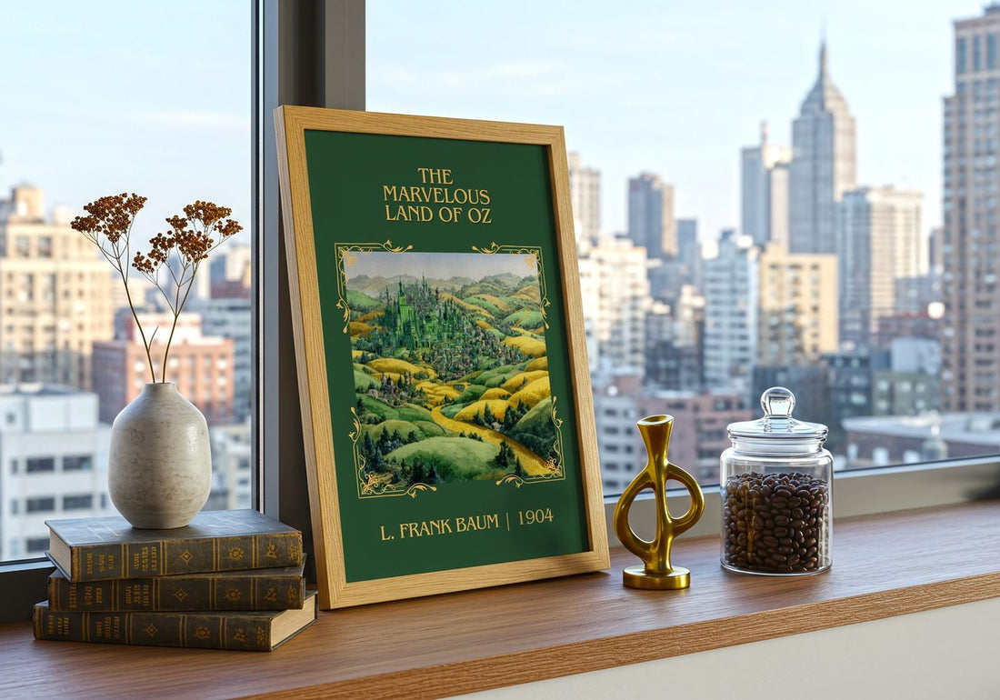 The Marvelous Land Of Oz Classic Book Art Print by L. Frank Baum – framed print on a city-view windowsill