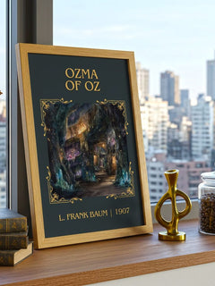 Ozma Of Oz Classic Book Art Print by L. Frank Baum – framed print on a city-view windowsill