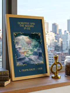 Dorothy And The Wizard In Oz Classic Book Art Print by L. Frank Baum – framed print on a city-view windowsill