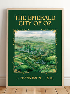 The Emerald City Of Oz Classic Book Art Print by L. Frank Baum – framed print leaning on a wooden floor