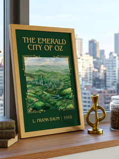 The Emerald City Of Oz Classic Book Art Print by L. Frank Baum – framed print on a city-view windowsill