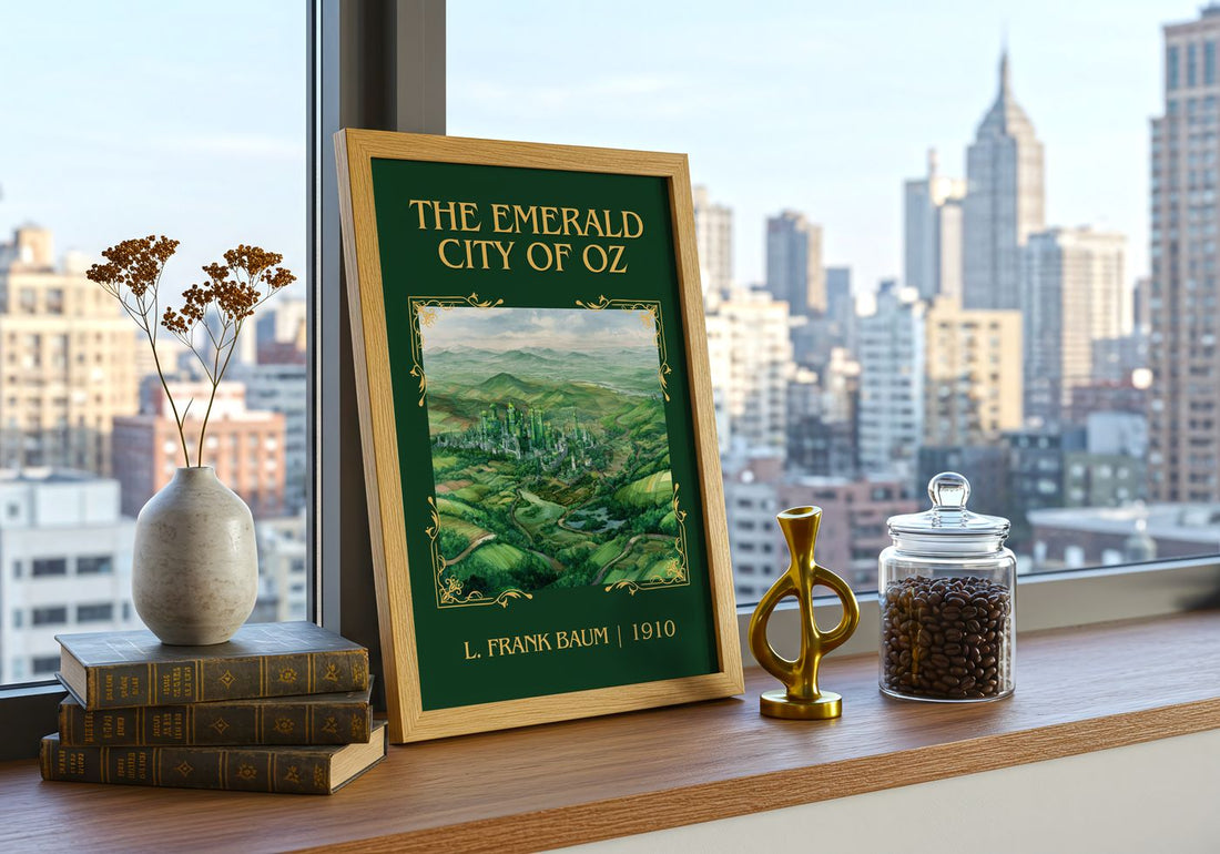 The Emerald City Of Oz Classic Book Art Print by L. Frank Baum – framed print on a city-view windowsill
