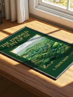 The Emerald City Of Oz Classic Book Art Print by L. Frank Baum – print on a sunlit desk