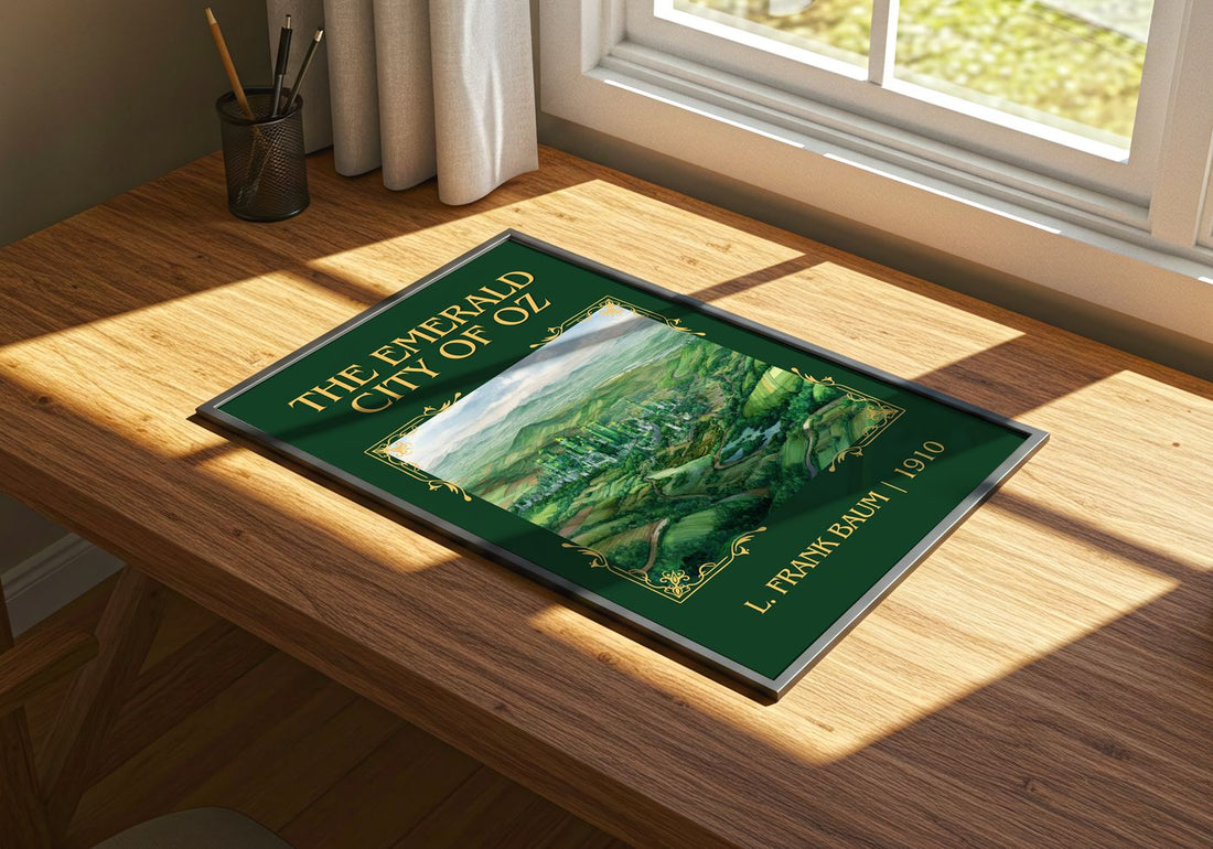 The Emerald City Of Oz Classic Book Art Print by L. Frank Baum – print on a sunlit desk